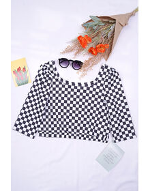 Round Neck Half Sleeve Waistband Checkered Top (White + Black)